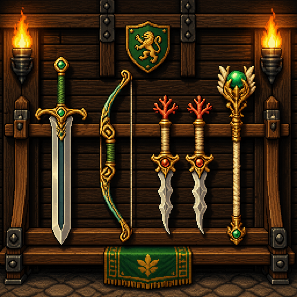 Weapons displayed in a Solara guild hall