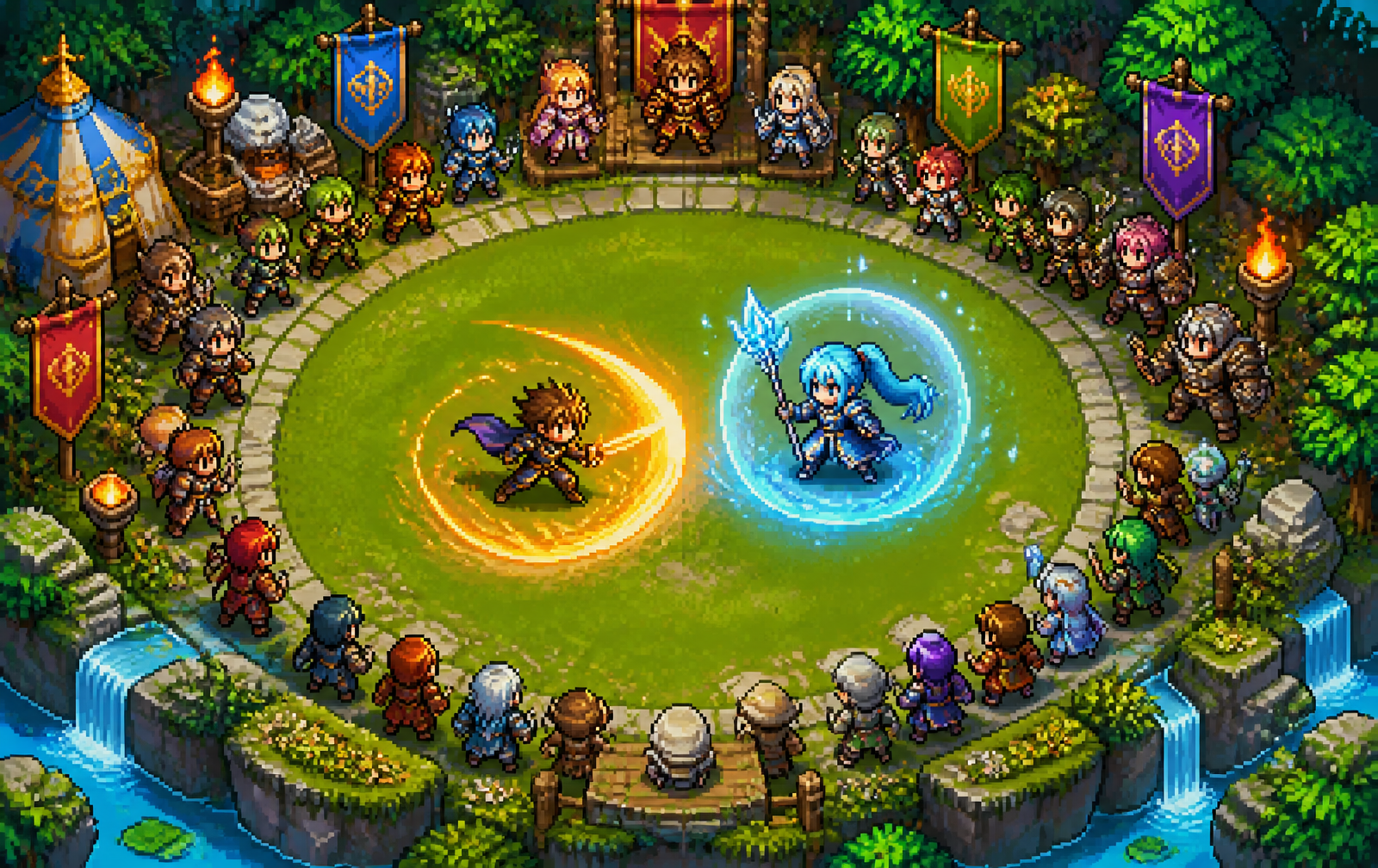 Two players dueling in a colorful pixel arena