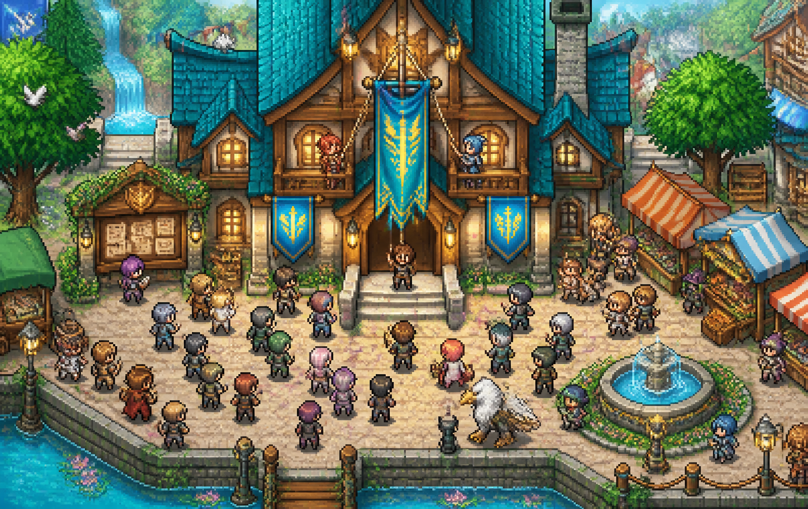 A guild gathering outside a colorful pixel guild hall