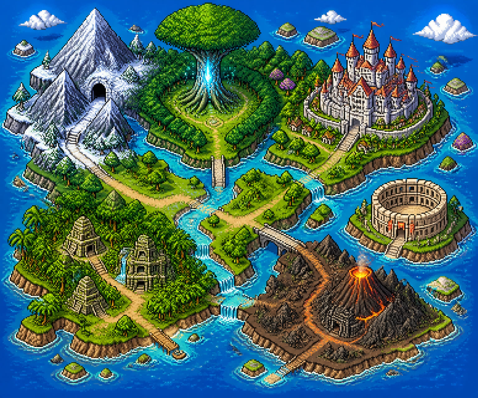 Pixel-art world map of Solara Quest showing six regions connected by bridges