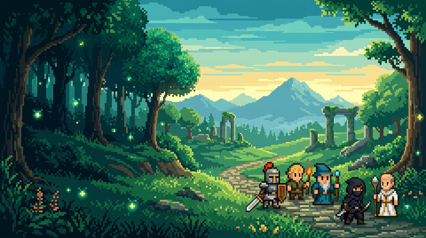 Five adventurers entering the enchanted forest realm of Solara Quest